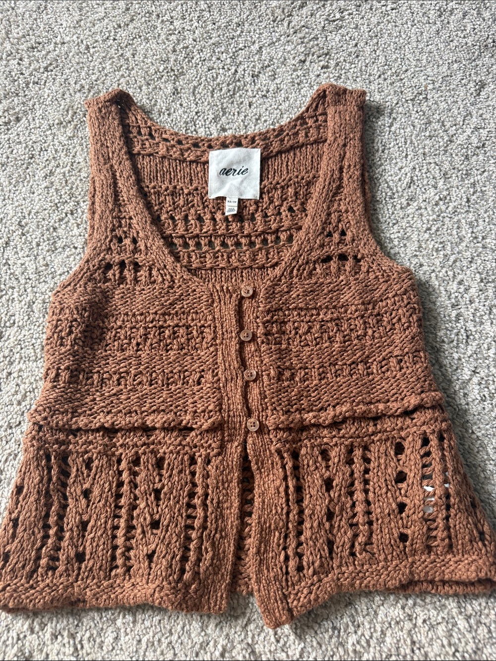 aerie Brown Crochet Button-Front Crop Vest